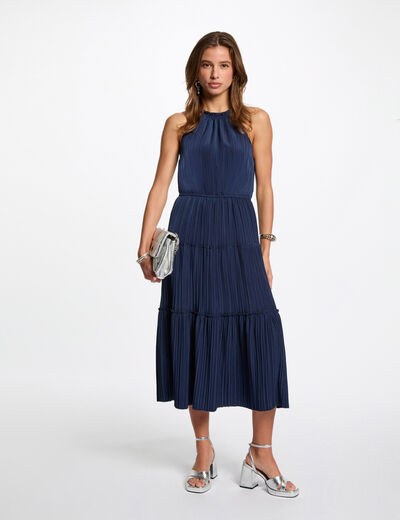 Vestido midi recto de satén azul petróleo mujer
