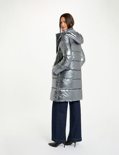 Abrigo acolchado largo brillante couleur argent mujer