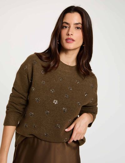 Jersey grueso con cuello redondo verde caqui mujer