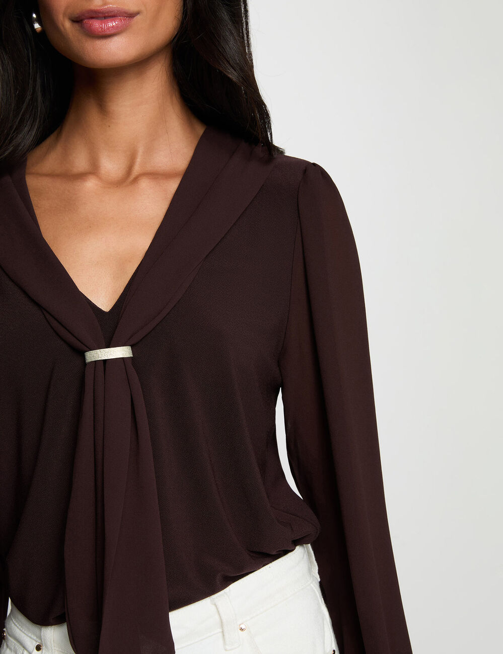 Camiseta de voile con cuello lazada marr&oacute;n oscuro mujer