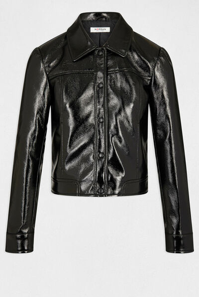 Chaqueta recta abotonada cuero sintético negro mujer