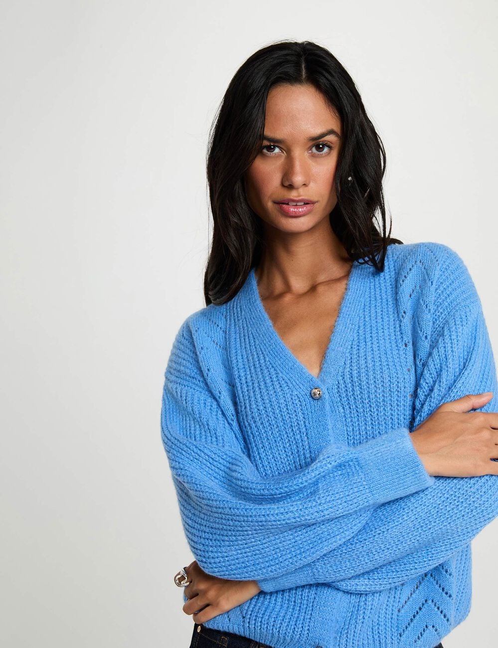 C&aacute;rdigan de cuello en V azul mujer