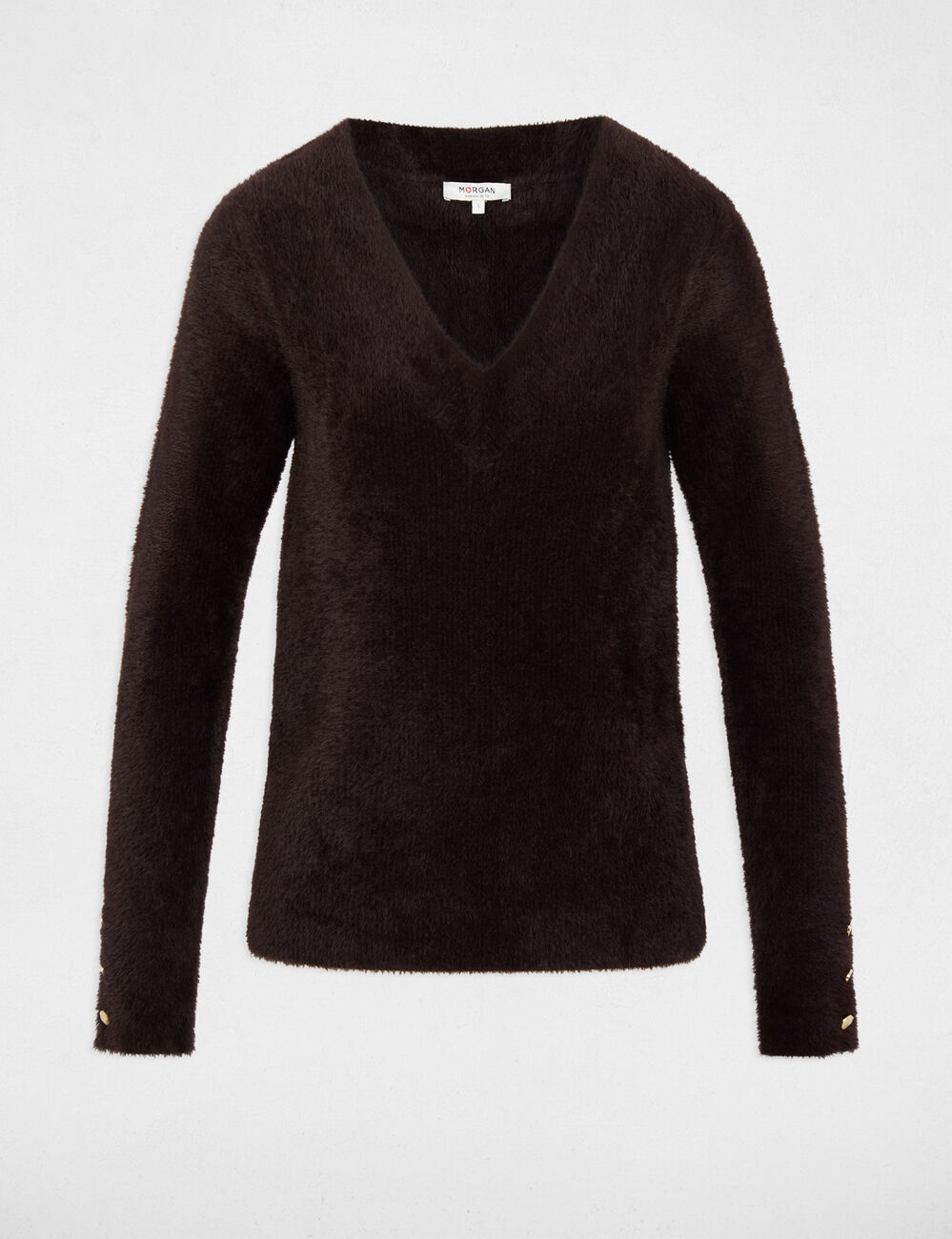 Jersey cuello v mangas largas marr&oacute;n oscuro mujer