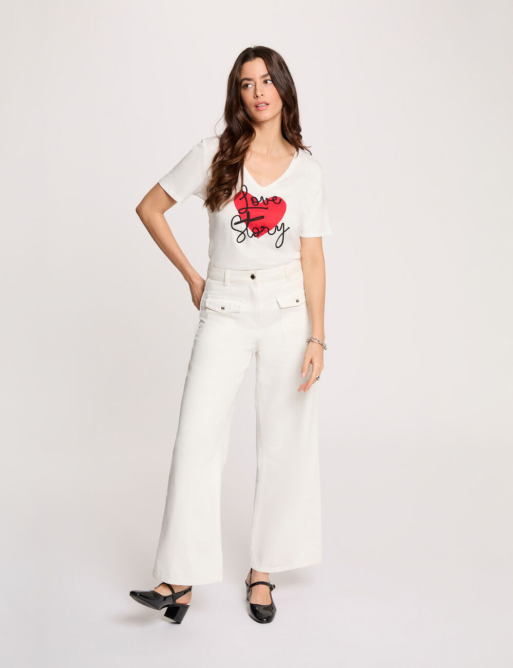 Camiseta cuello v manga corta blanco mujer