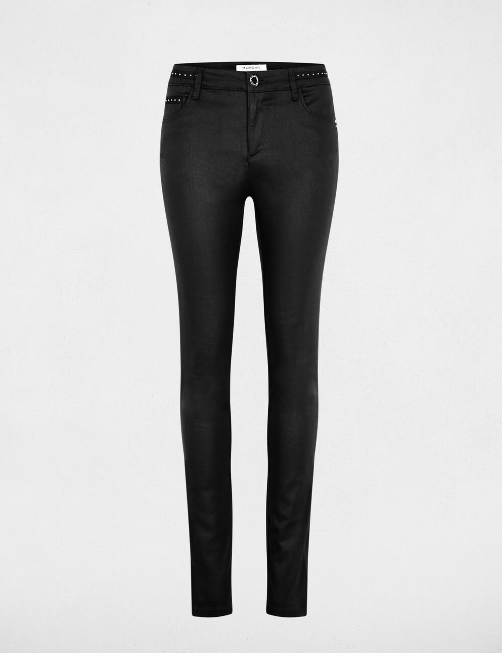 Pantal&oacute;n slim efecto mojado negro mujer