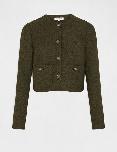 Chaqueta recta abotonada cuello redondo verde oscuro mujer