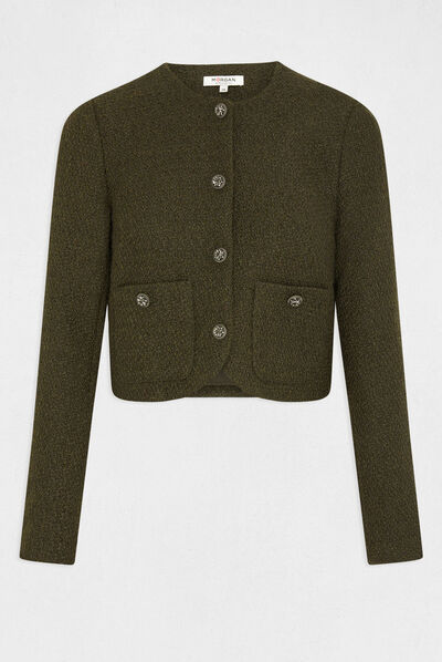Chaqueta recta abotonada cuello redondo verde oscuro mujer