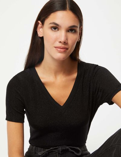 Camiseta manga corta con escote en V negro mujer