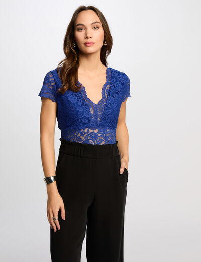 Camiseta encaje y escote en V azul eléctrico mujer