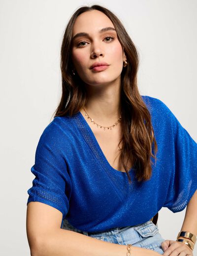 Jersey escote en V manga corta azul eléctrico mujer