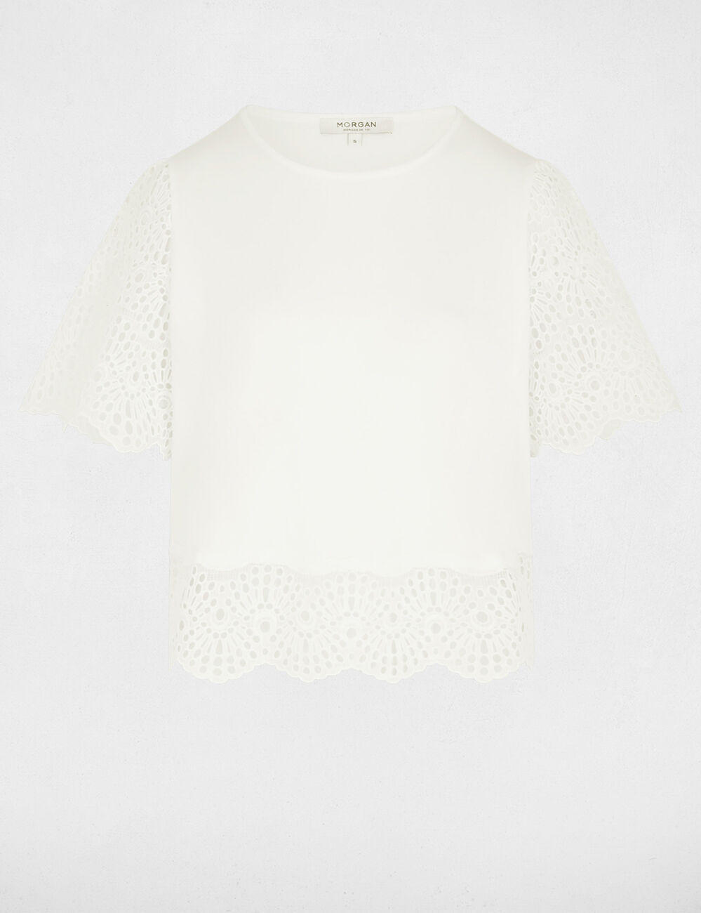Camiseta de encaje con cuello redondo blanco mujer