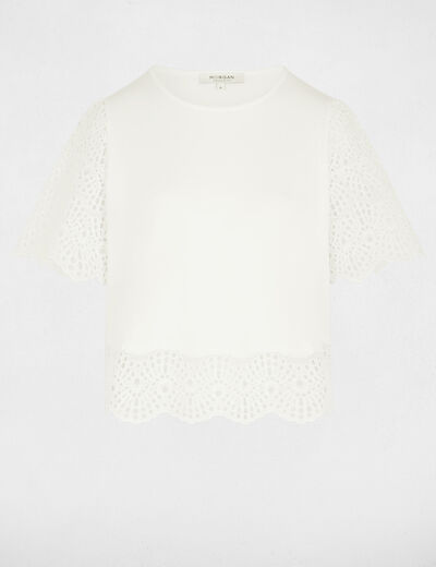 Camiseta de encaje con cuello redondo blanco mujer