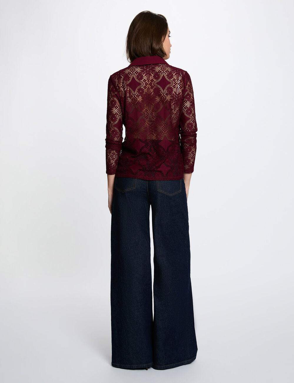 Camisa de encaje con cuello vuelto burdeos mujer