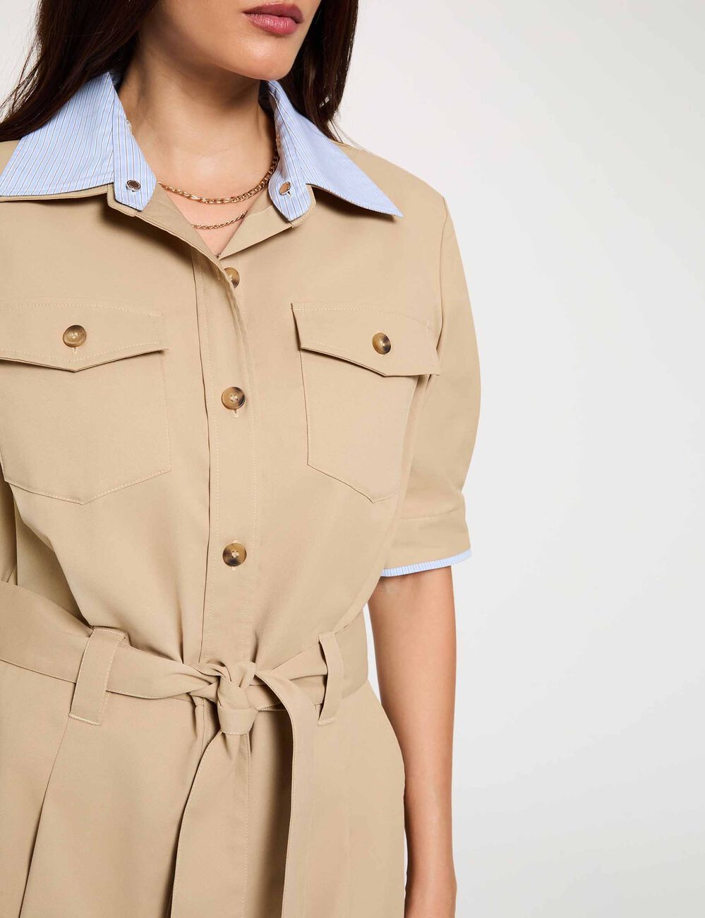 Vestido corto con cuello de solapa beige mujer