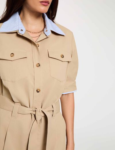 Vestido corto con cuello de solapa beige mujer