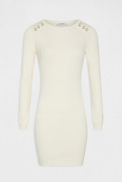 Vestido de punto ajustado manga larga marfil mujer