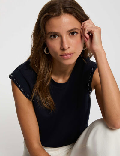 Camiseta cuello redondo con strass azul marino mujer