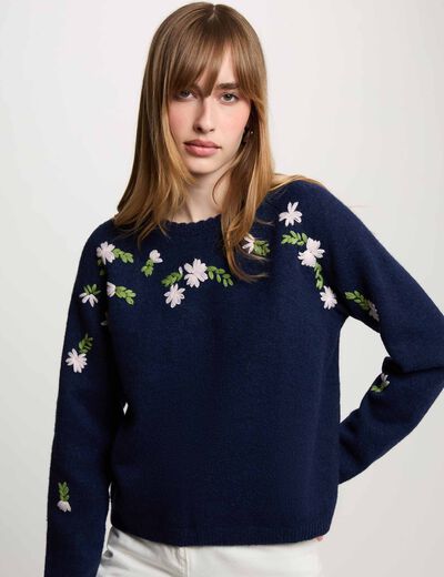 Jersey bordado mangas largas azul marino mujer