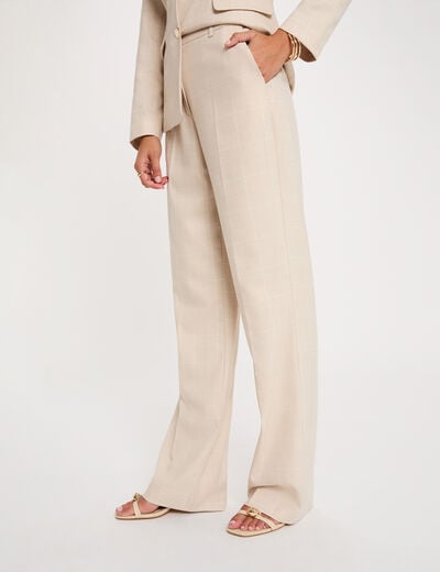 Pantal&oacute;n recto de tiro alto beige mujer