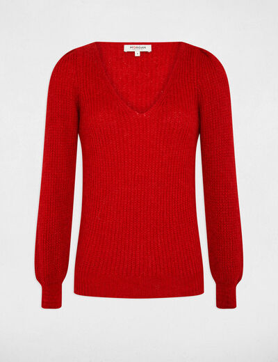 Jersey manga larga con escote en V rojo medio mujer