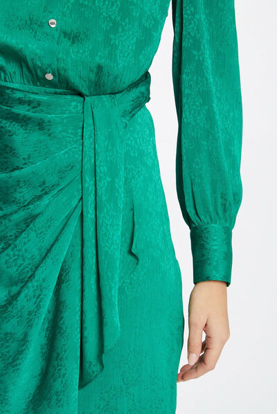 Vestido recto drapeado estampado verde mujer