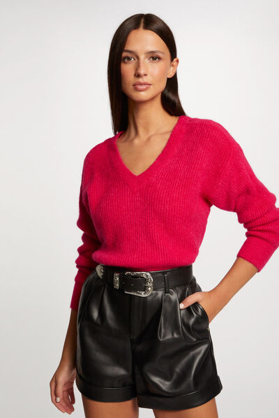Jersey manga larga con escote en V rosa medio mujer