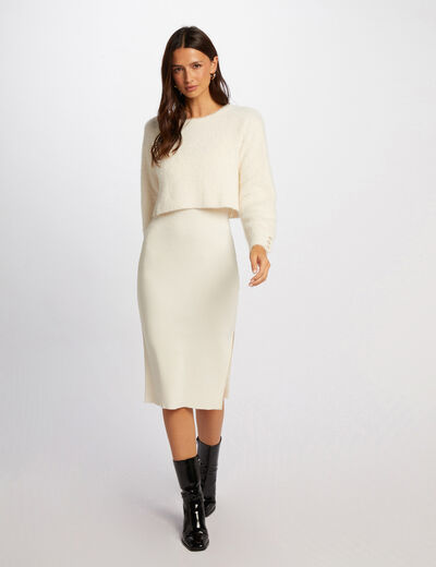 Vestido punto 2 en 1 ajustado marfil mujer
