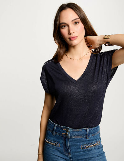 Camiseta manga corta strass azul marino mujer