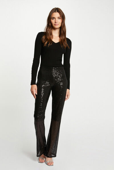 Pantalón pernera ancha con lentejuelas negro mujer