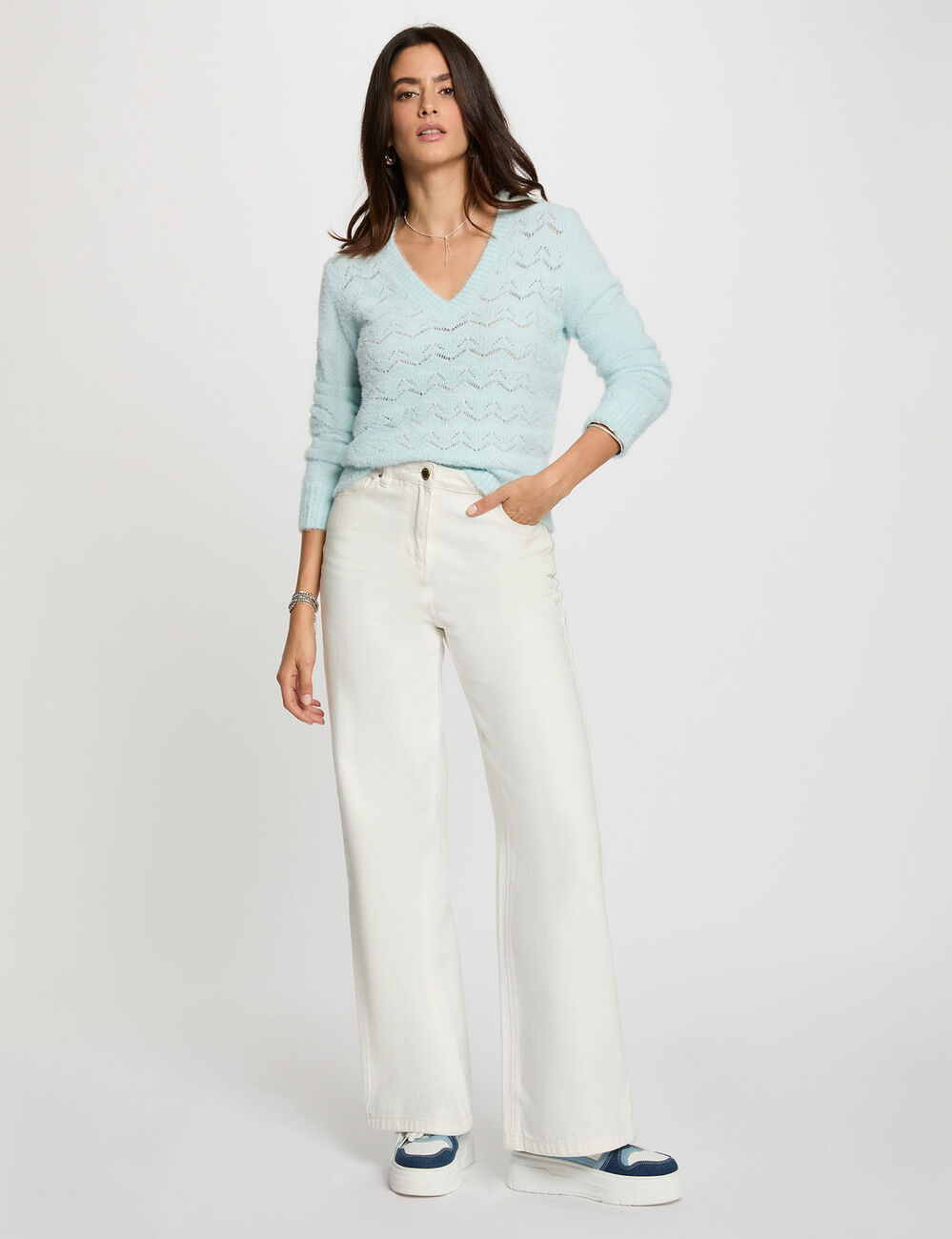 Jersey cuello en V azul cielo mujer