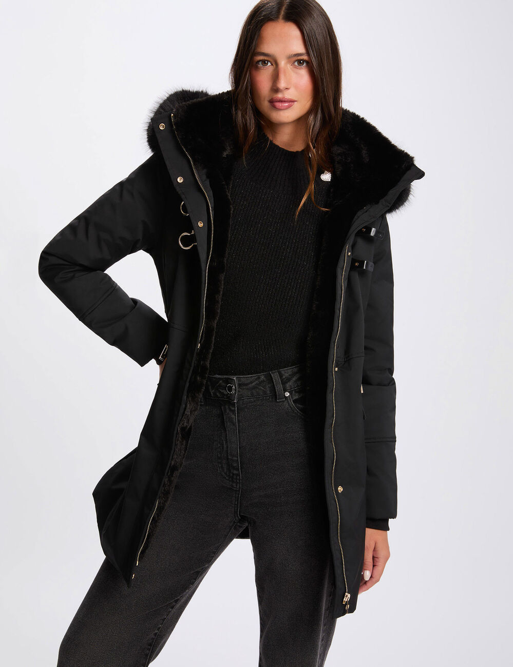 Parka recta de media longitud negro mujer