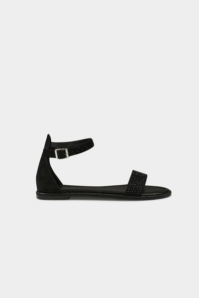 Sandalias planas con detalles strass negro mujer