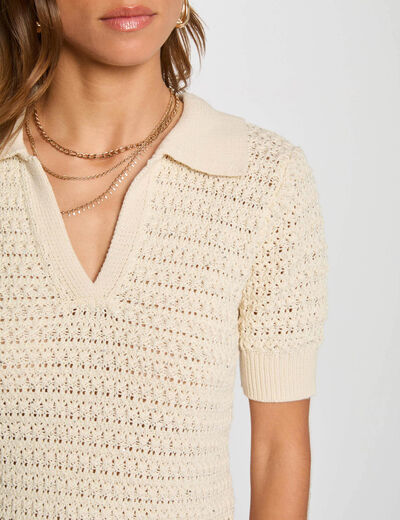 Jersey cuello tipo polo crudo mujer