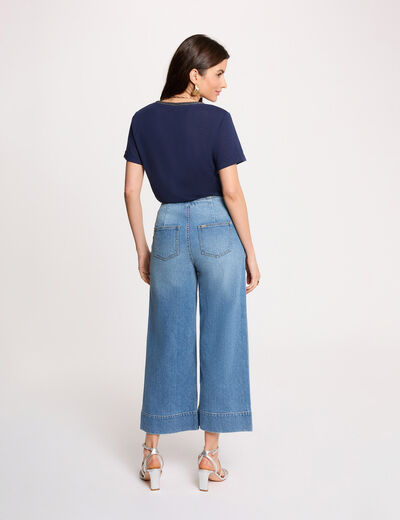 Camiseta con cuello en v con perlas azul marino mujer