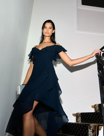 Vestido midi recto volantes azul marino mujer