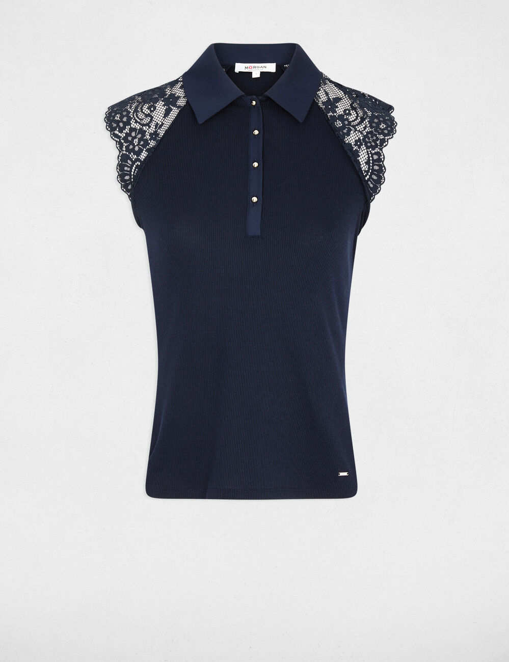 Camiseta encaje cuello solapa azul marino mujer