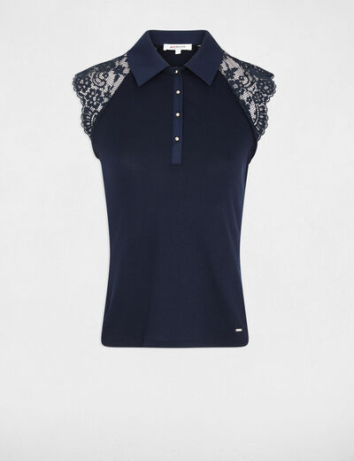 Camiseta encaje cuello solapa azul marino mujer