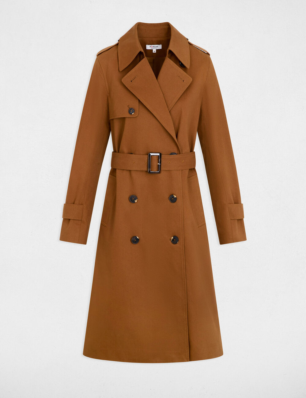 Trench largo con cuello sastre marr&oacute;n co&ntilde;ac mujer