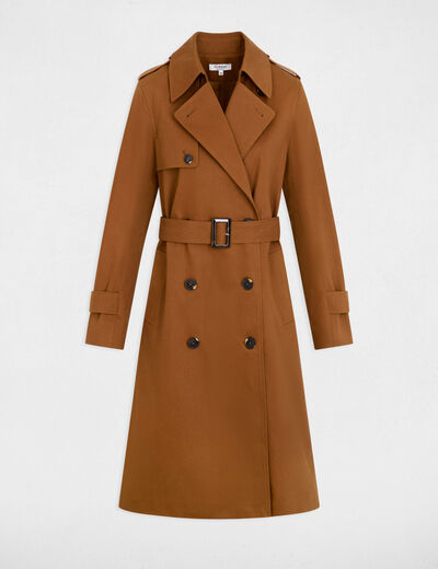 Trench largo con cuello sastre marr&oacute;n co&ntilde;ac mujer