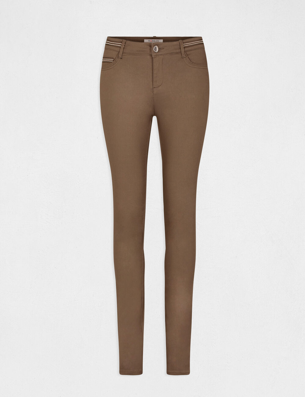 Pantal&oacute;n slim efecto mojado verde caqui mujer