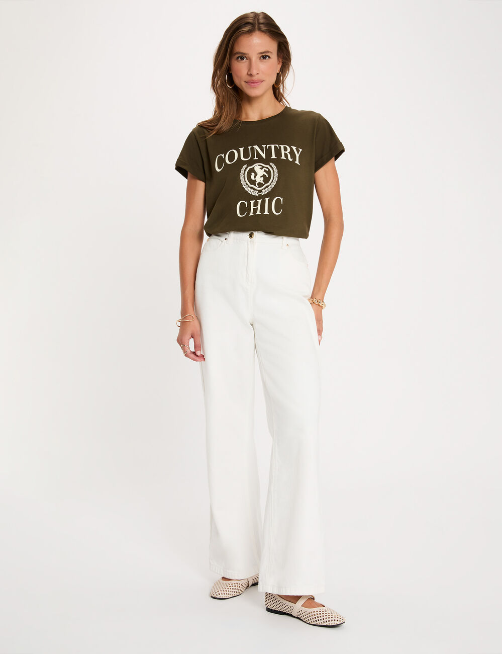 Camiseta cuello redondo manga corta verde caqui mujer