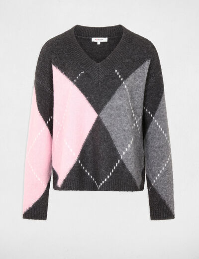 Jersey jacquard con cuello en v gris oscuro mujer