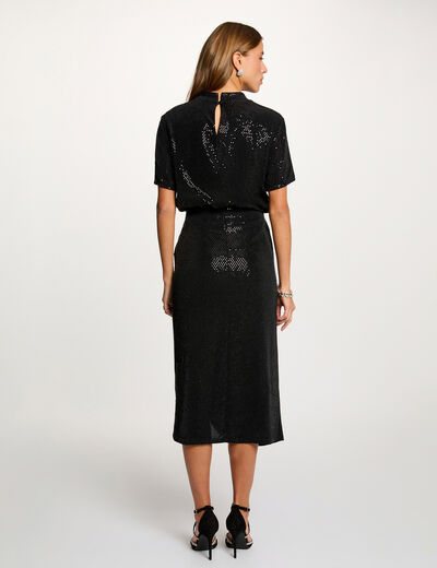 Camiseta de lentejuelas cuello alto negro mujer