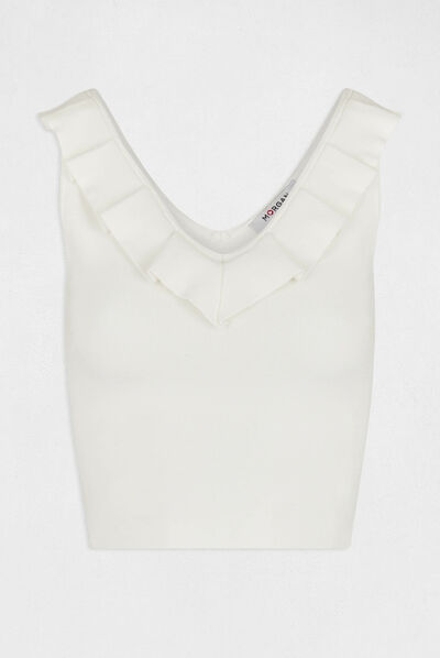 Top punto con escote con volantes crudo mujer