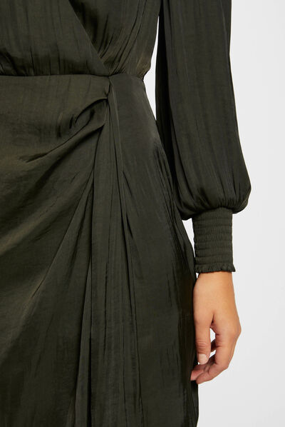 Vestido entallado drapeado de satén verde oscuro mujer