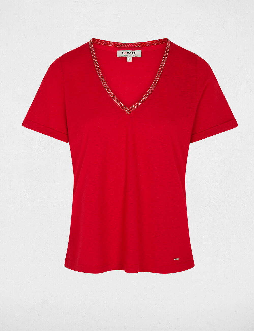 Camiseta con cuello en v con perlas rojo mujer