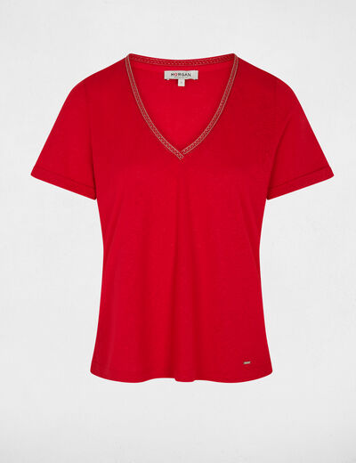 Camiseta con cuello en v con perlas rojo mujer