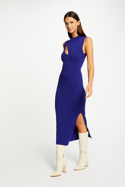 Vestido de punto largo ajustado azul medio mujer