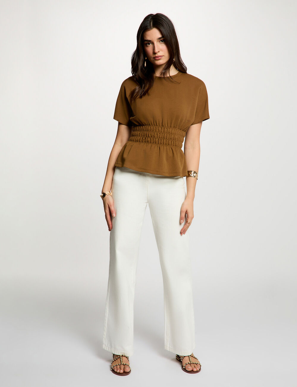 Camiseta recta con cuello redondo c&aacute;mel mujer