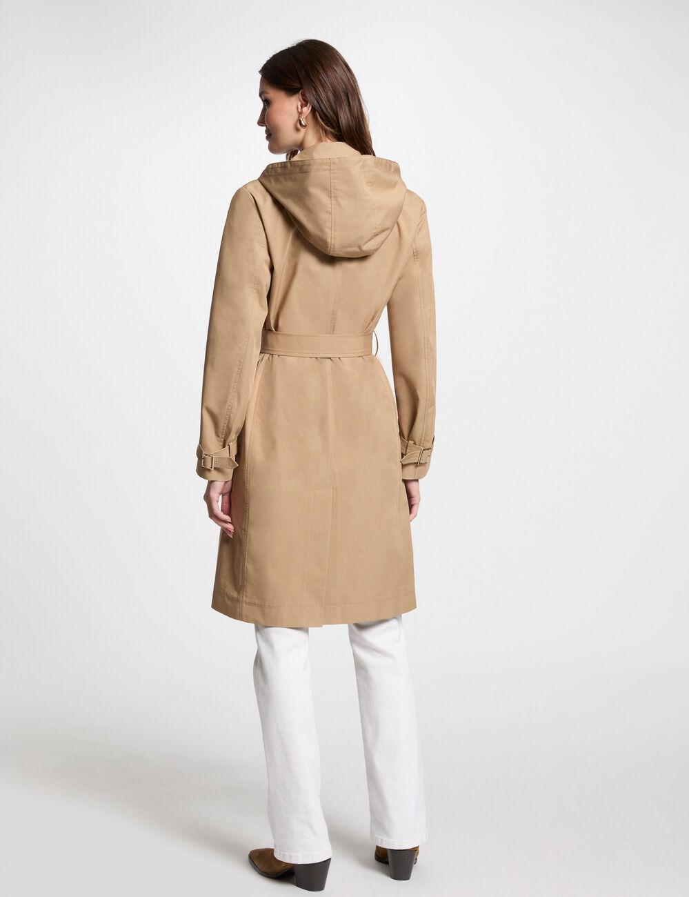 Gabardina larga con cinturón beige mujer